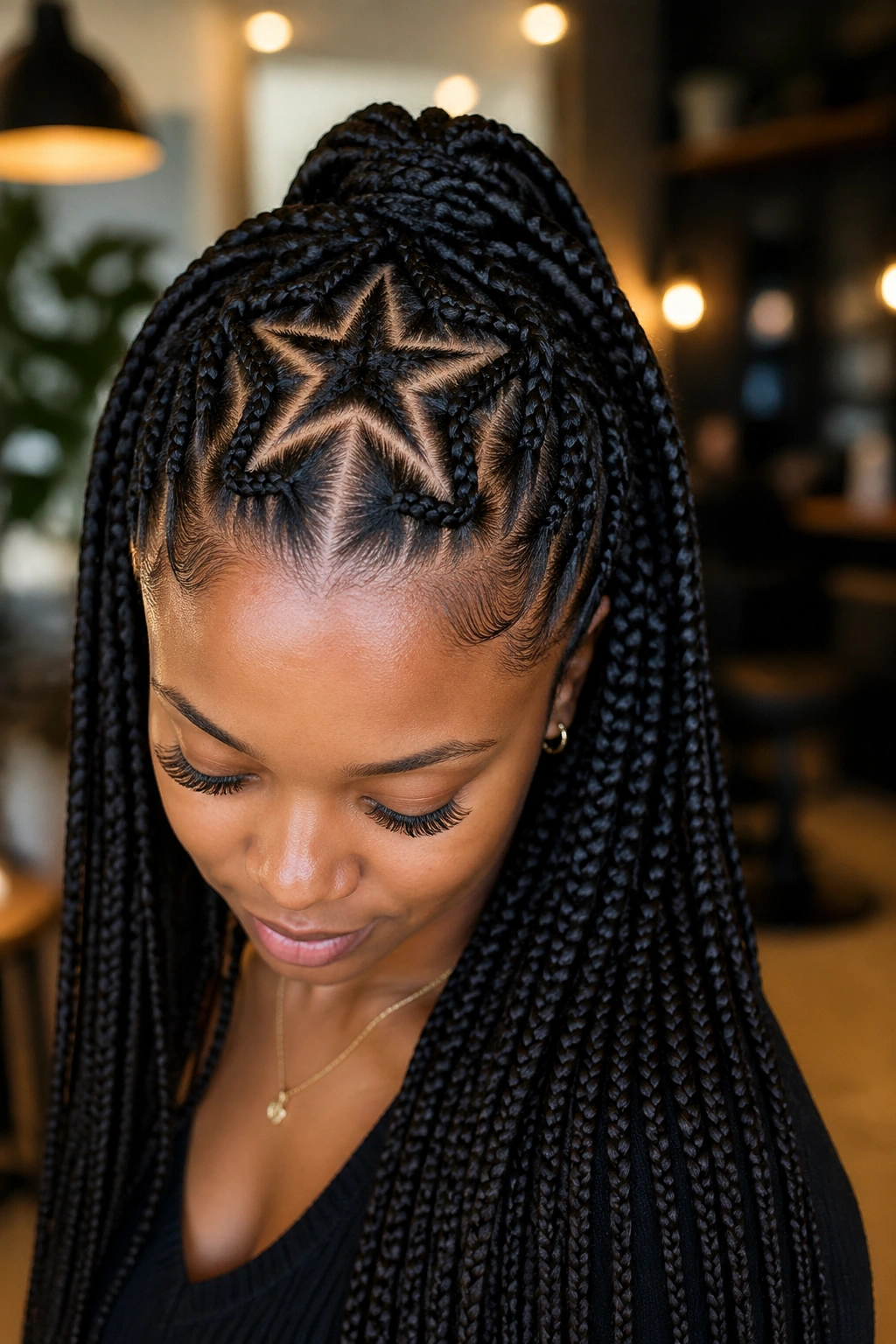 Close-up of real person with half-up box braids and a crown star at the crown.