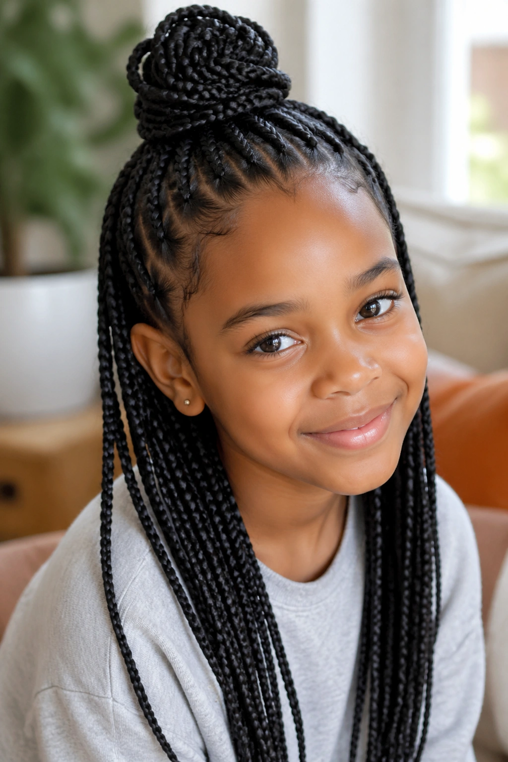 Close-up of child with half-up top knot box braids in a home setting