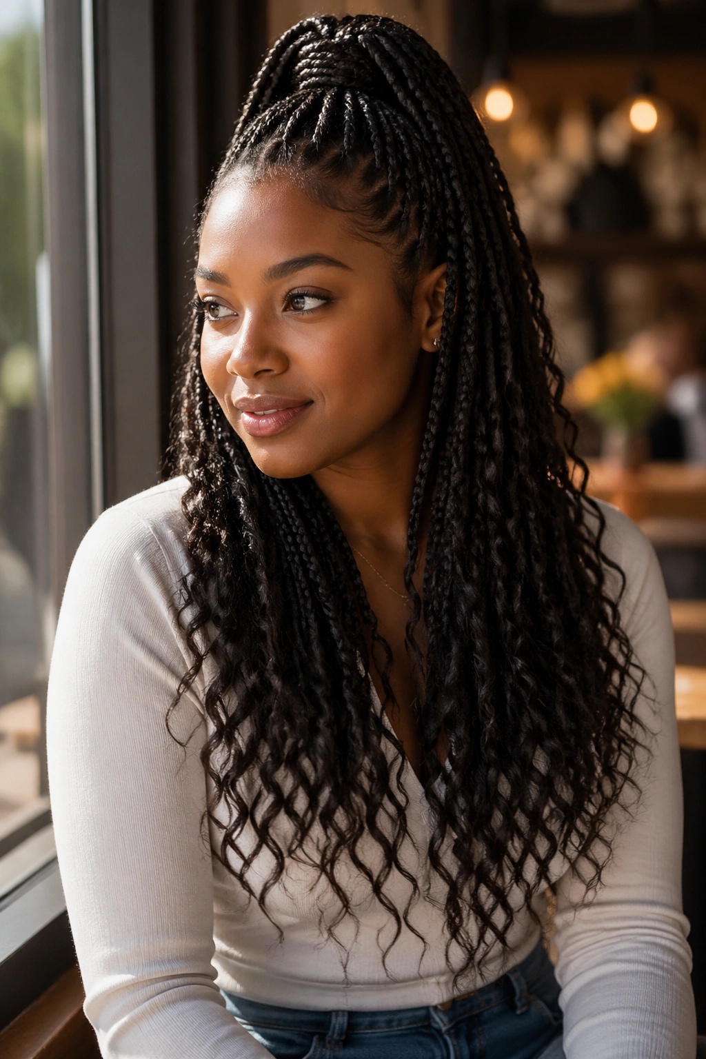 Close-up of a real person with half-up half-down box braids and curly ponytail ends.