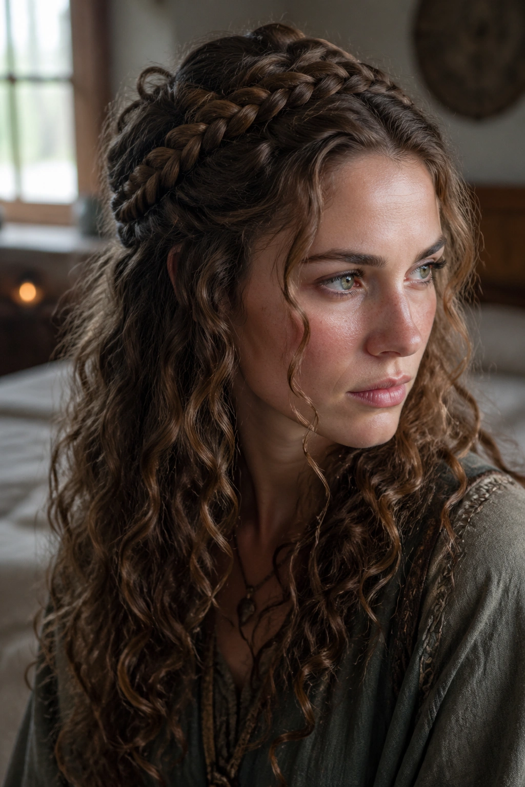 Close-up portrait of a real person with a half-up braid crown on curly Viking hair, natural window light.