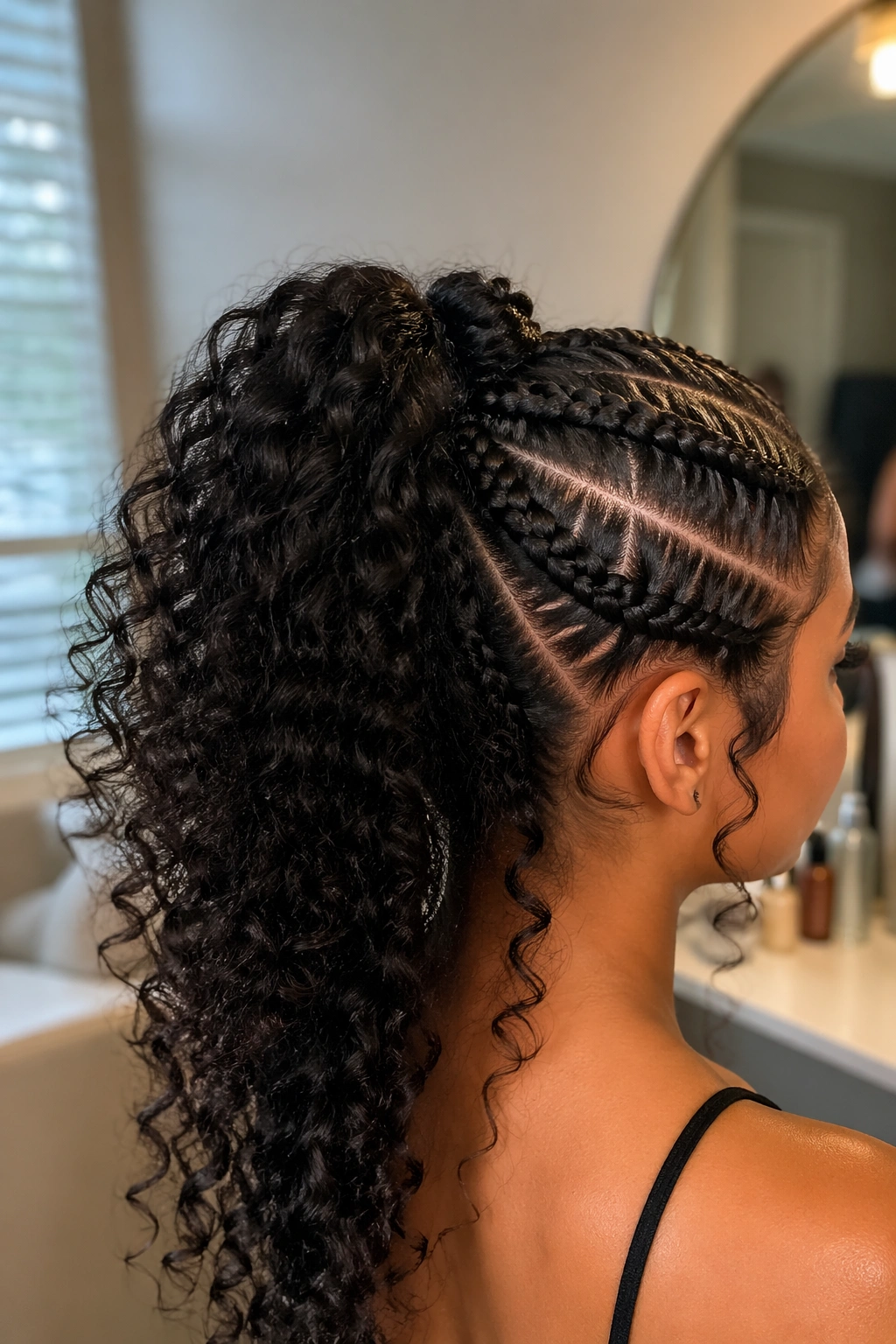 Close-up of half-up stitch braid with free curls at vanity.
