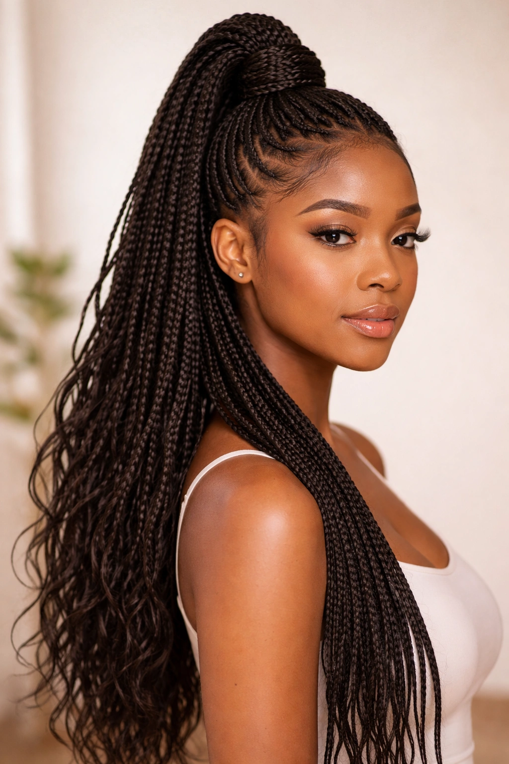 Close-up of knotless braids with a high top ponytail and flowing lower braids