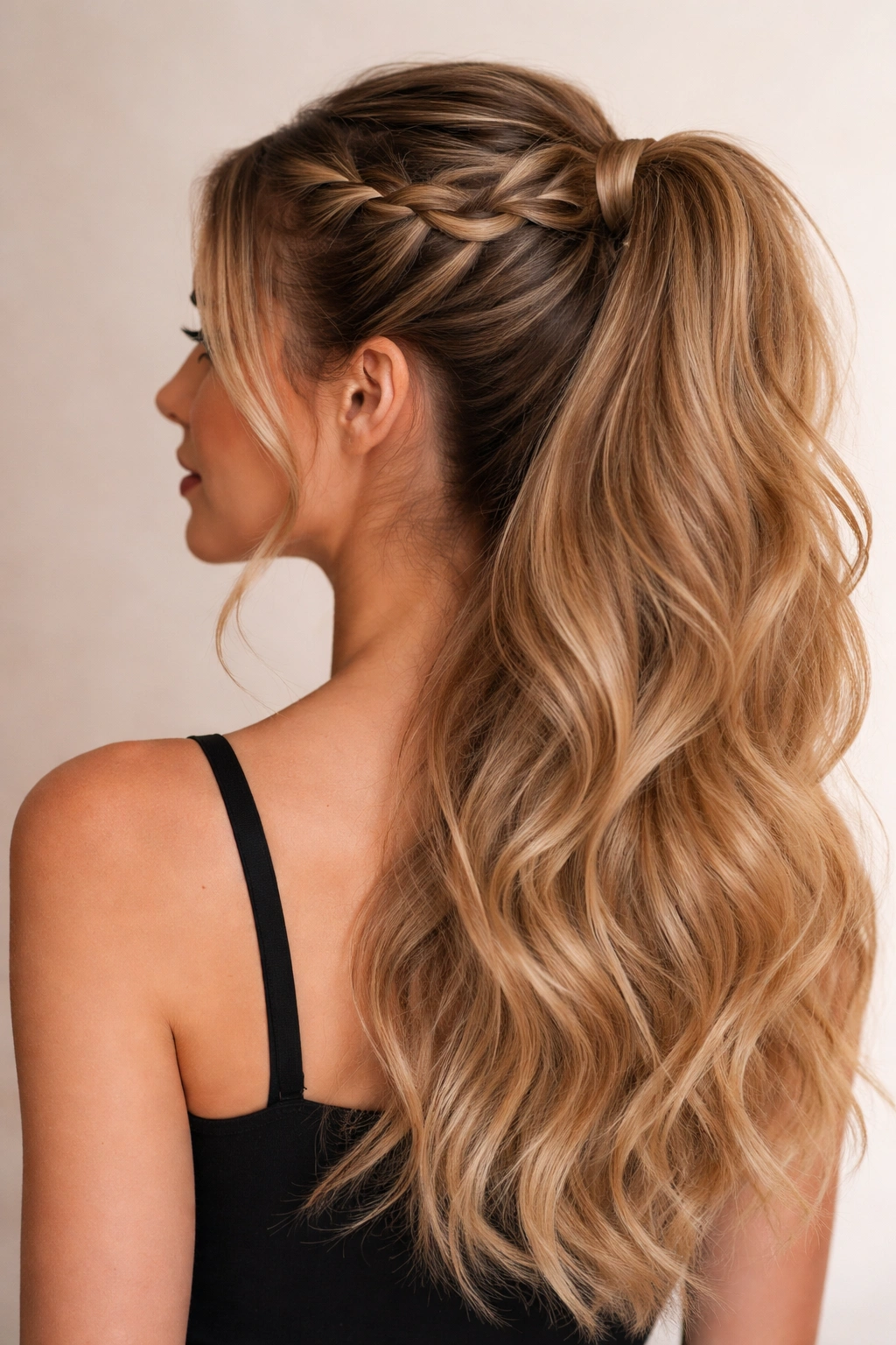 Close-up of a half-up braided ponytail with a crown braid and loose lower hair for added fullness