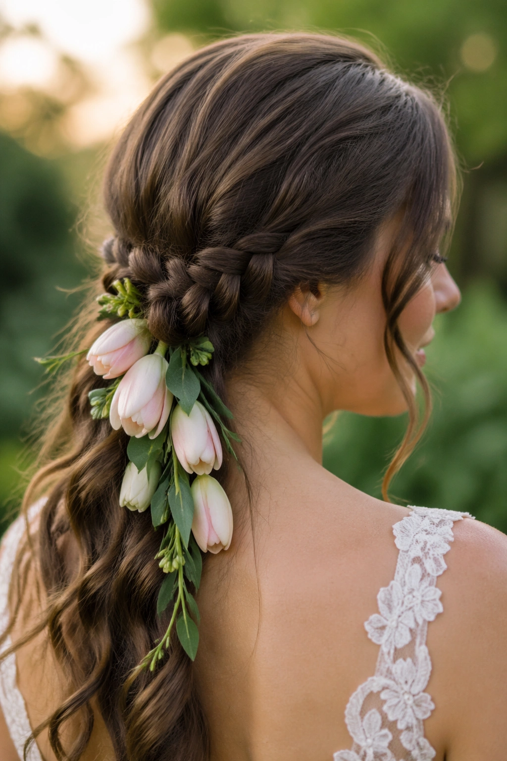 Close-up of a real woman with a low half-up braid trailing tulips and greens in natural outdoor light