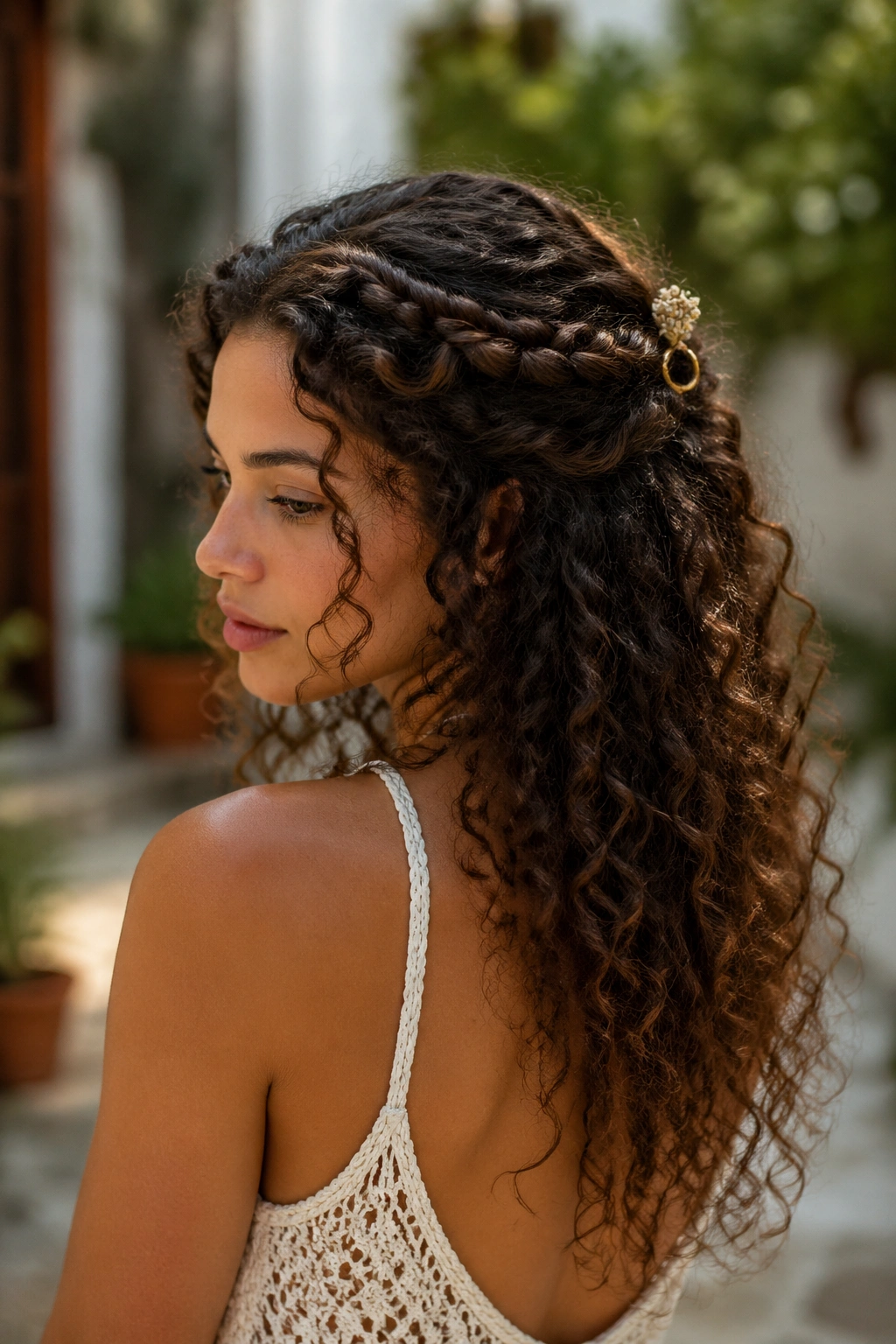 Half-up braided crown with loose curls and small floral pin on a real person