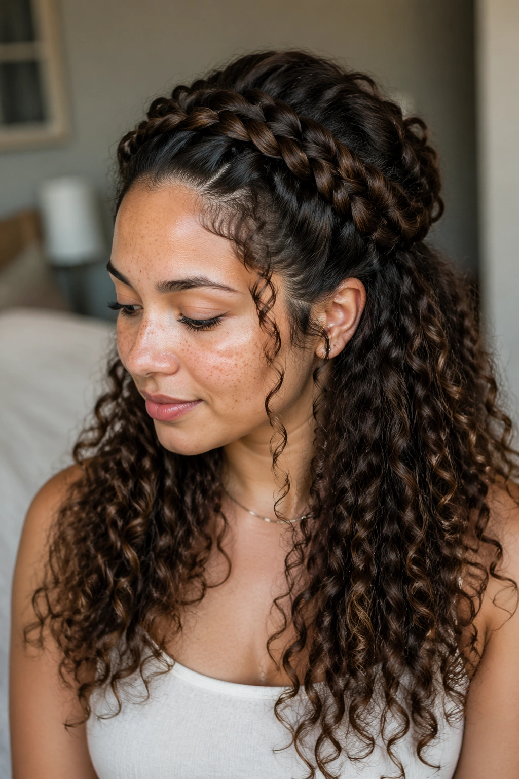 Half-up braided crown with loose curls on a real woman