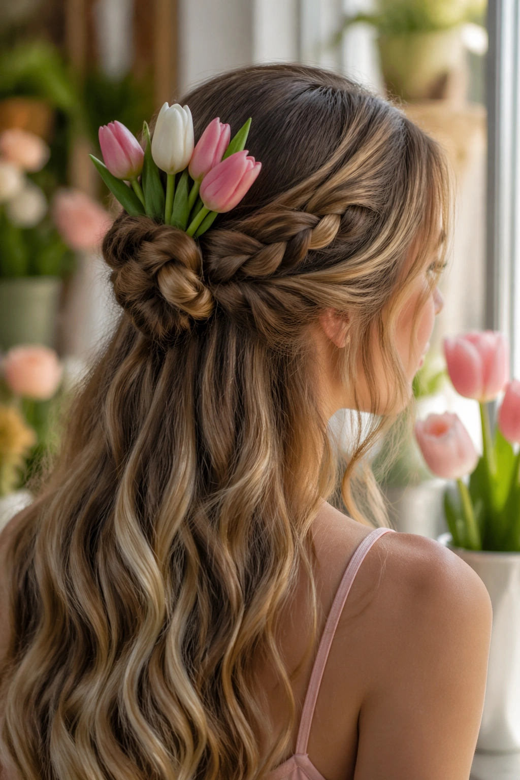 Close-up of a real woman with a half-up braided knot and tulips at the back of her head, in a bright spring setting.