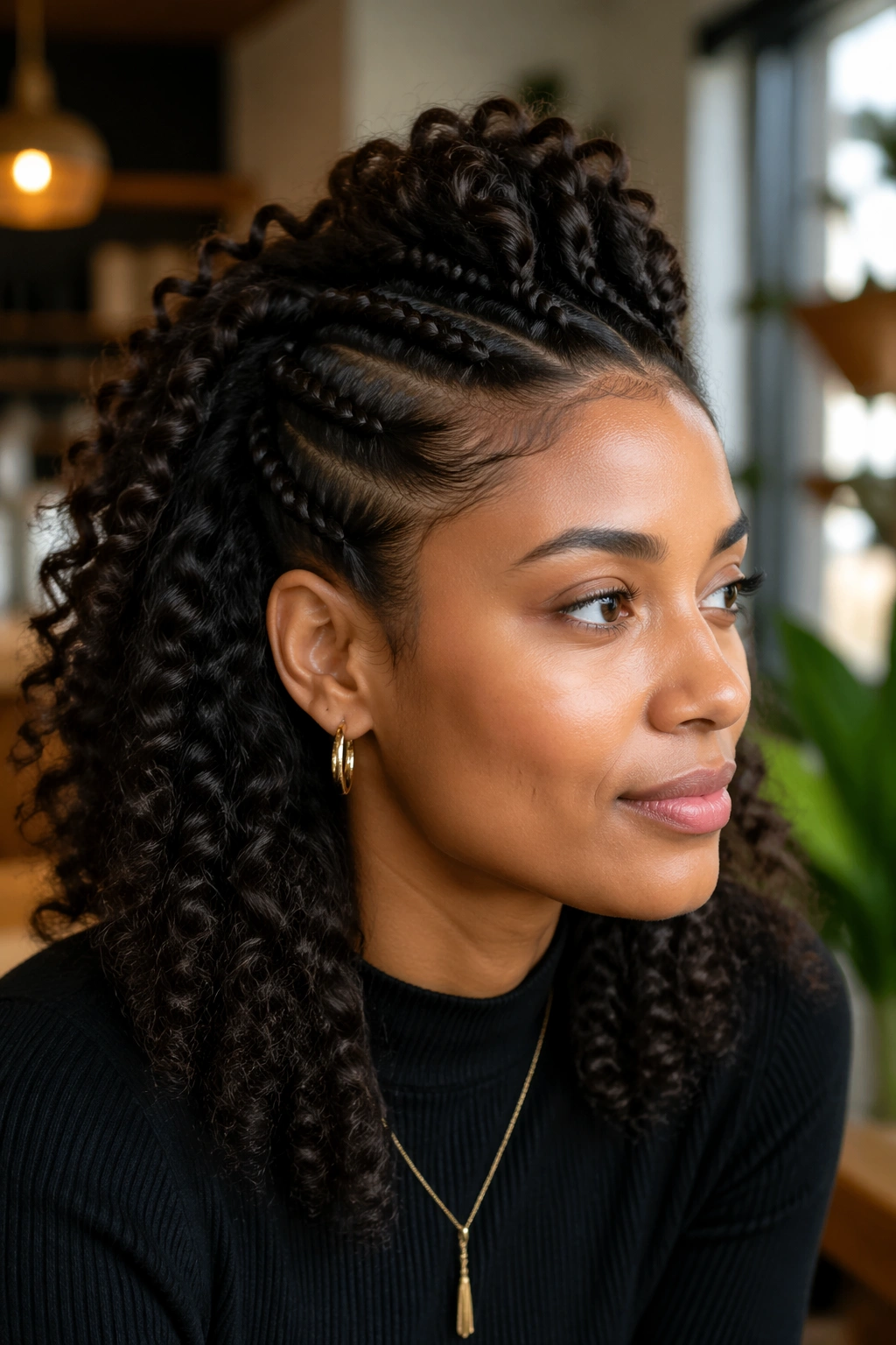 Close-up of a real person wearing a half-up braided mohawk