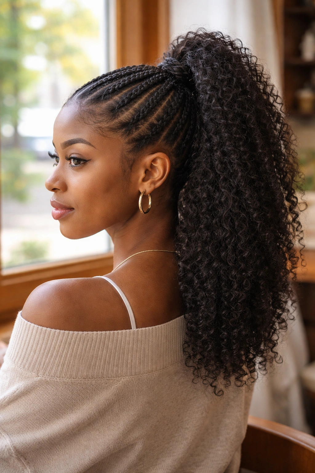 Close-up of a real woman with half-up braided ponytail