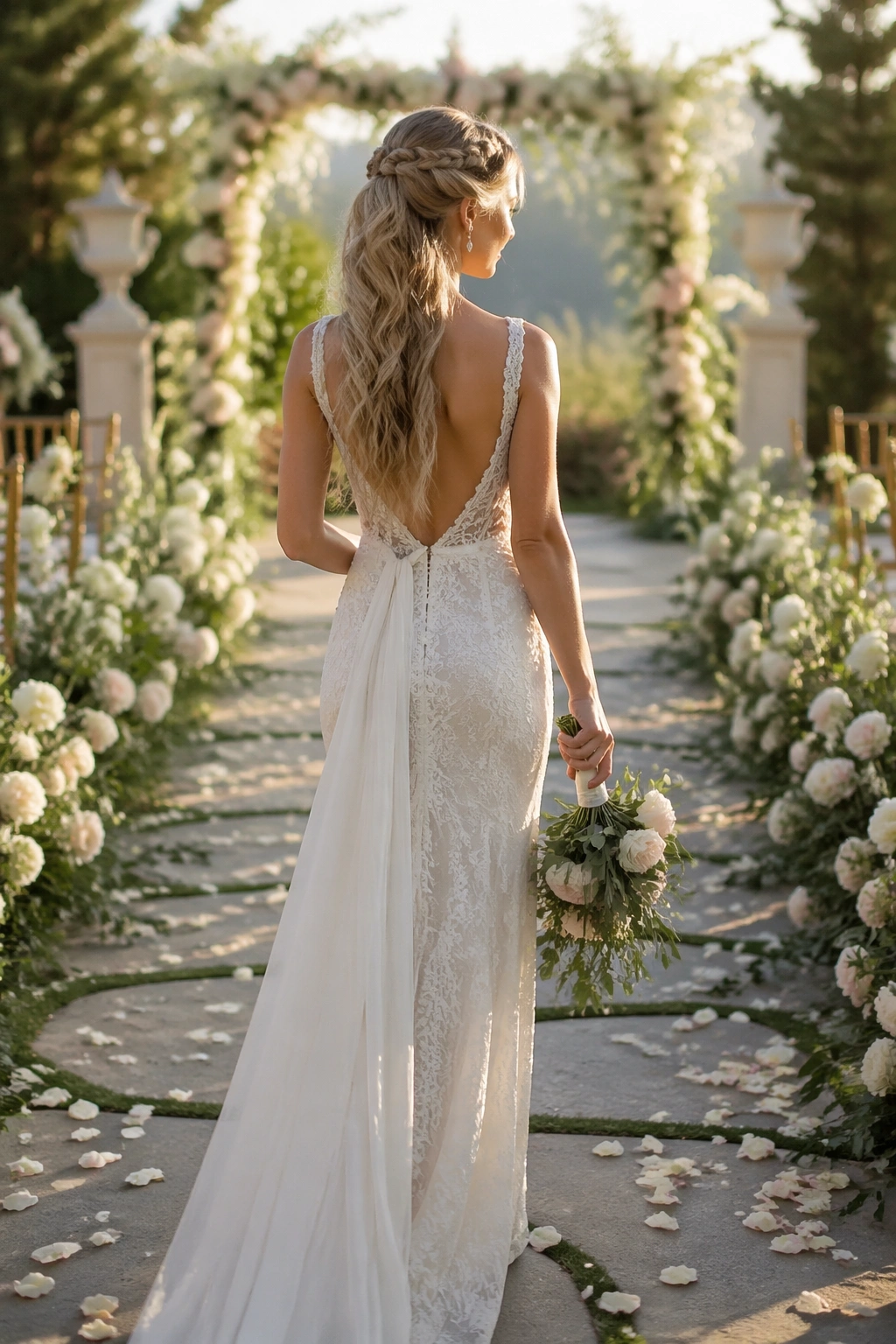 Half-up braided ponytail on a bride in a garden path.