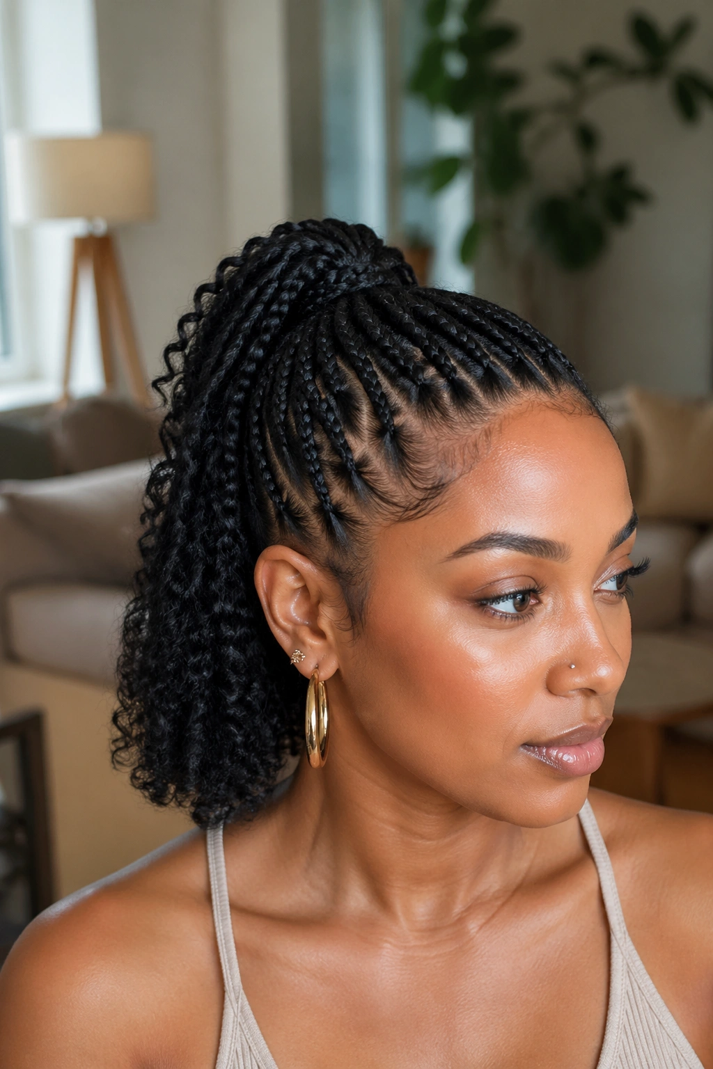 Close-up of a half-up braided ponytail on a real woman with loose back hair