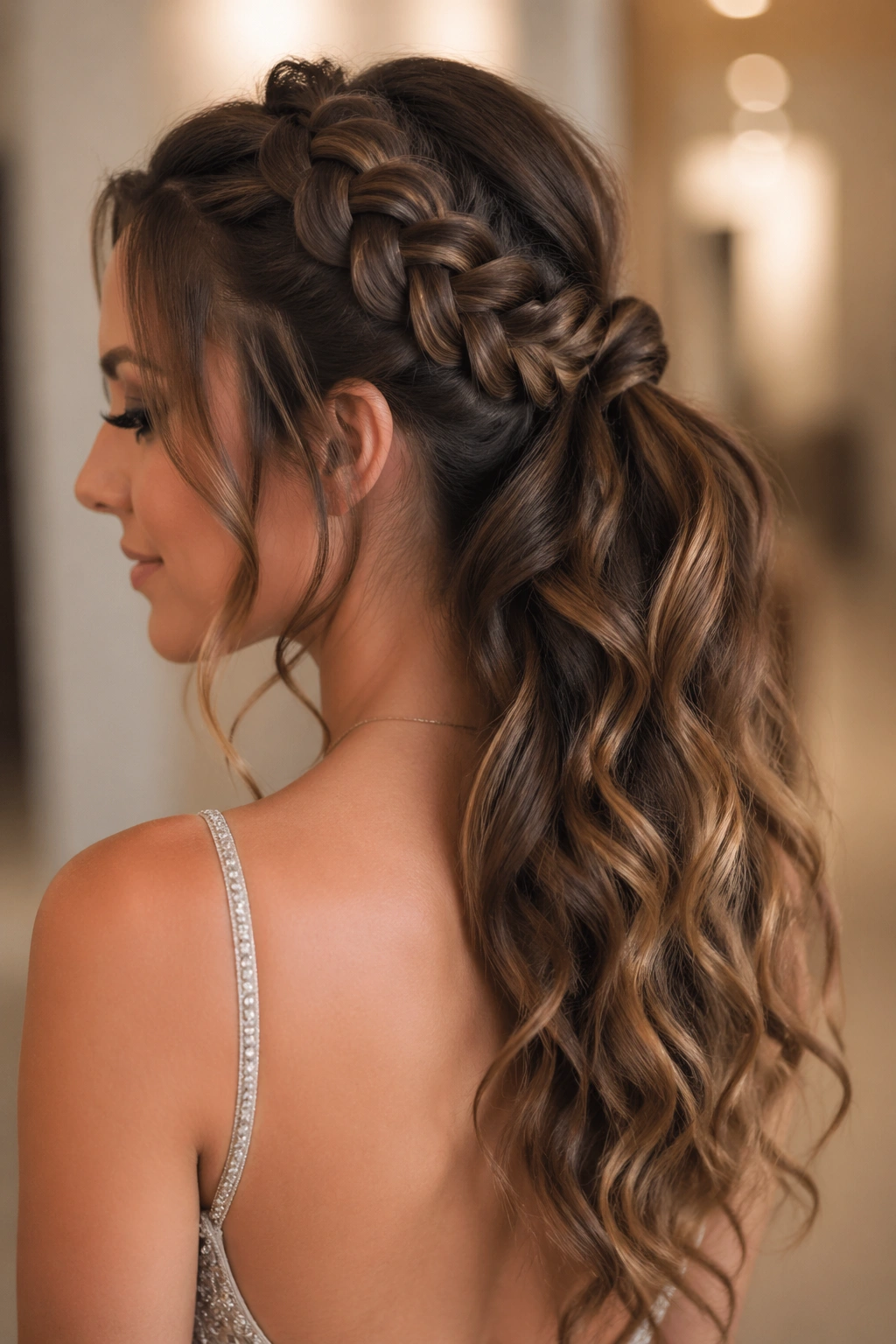 Close-up of a real woman with a half-up braided ponytail showing loose length and curls