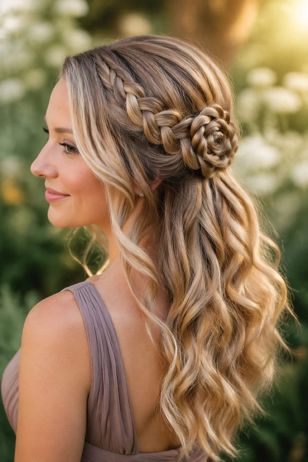 Close-up of a real woman with half-up braided rosette hairstyle in a garden setting