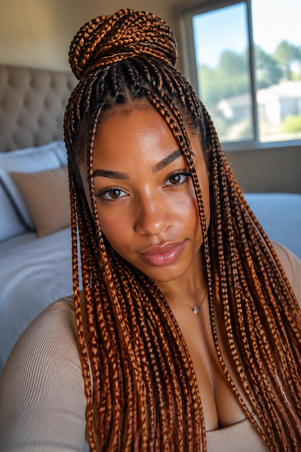 Portrait of a real woman with half-up half-down box braids and amber lengths