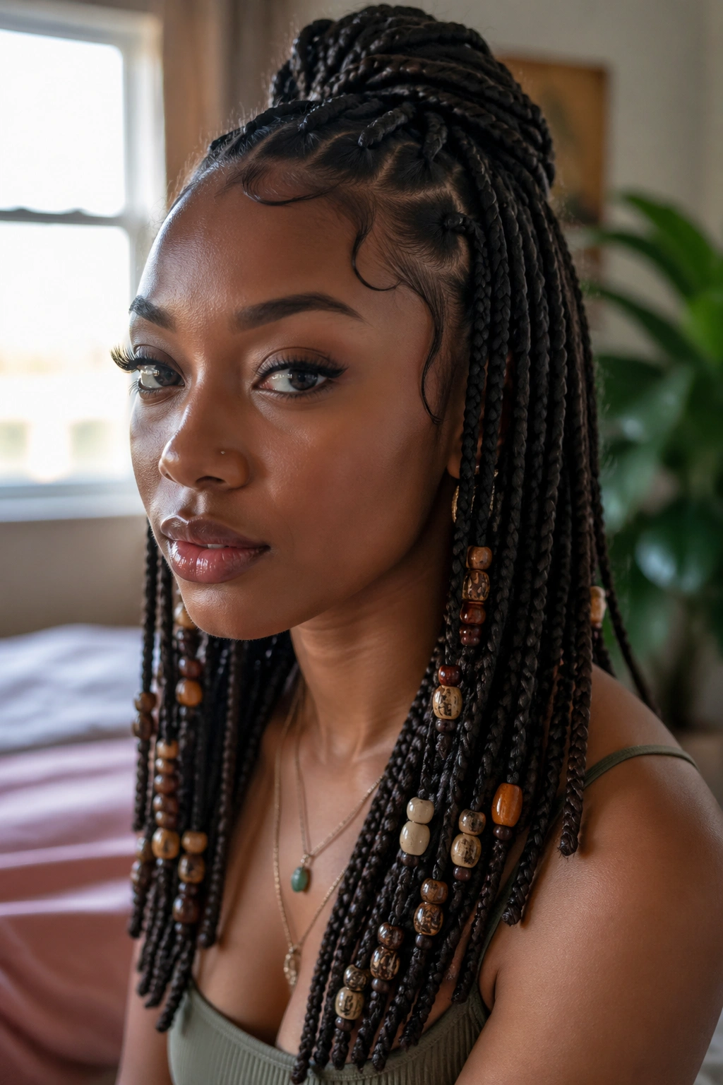 Close-up of a real person with half-up half-down beads in box braids.