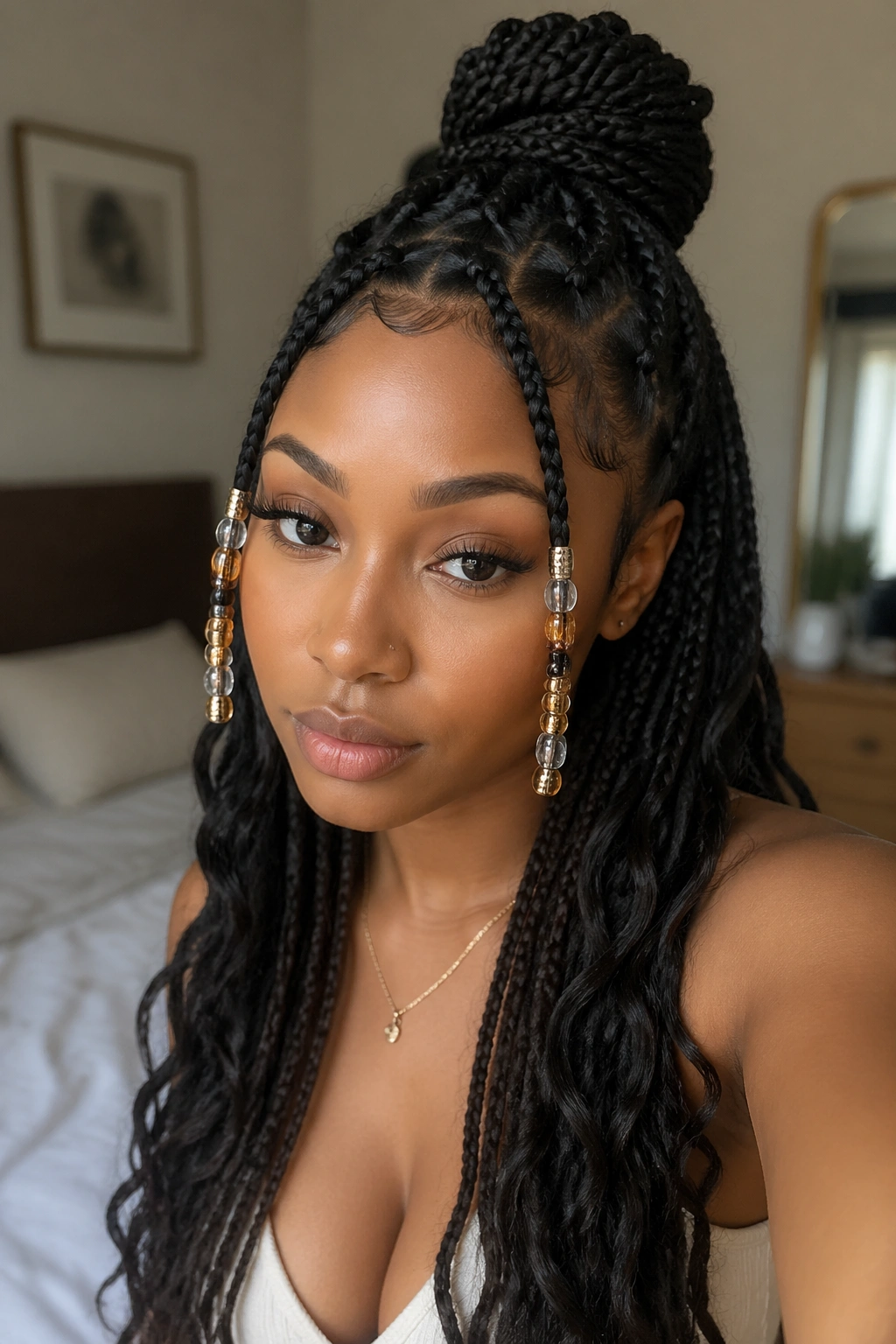 Close-up portrait of a real woman wearing half-up goddess braids with beaded front pieces in a cozy bedroom