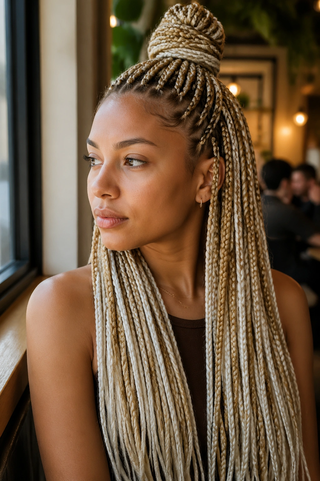 Close-up of half-up half-down blonde and white box braids on a real person