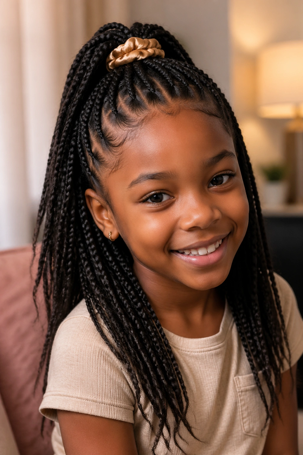 Close-up of a girl with half-up half-down box braids in a warm setting