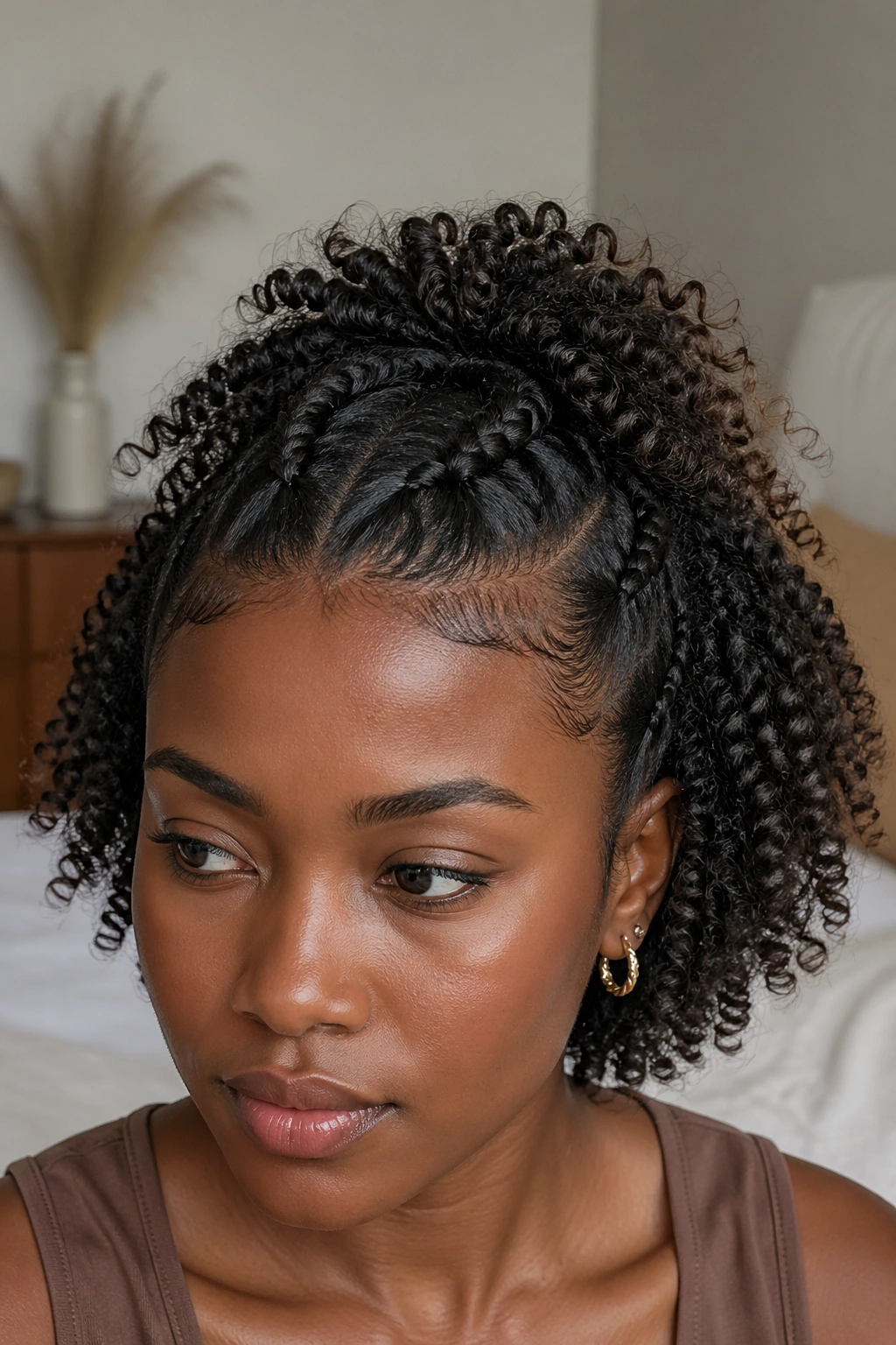 Close-up of a real woman with half-up braids and curly crown in warm natural light