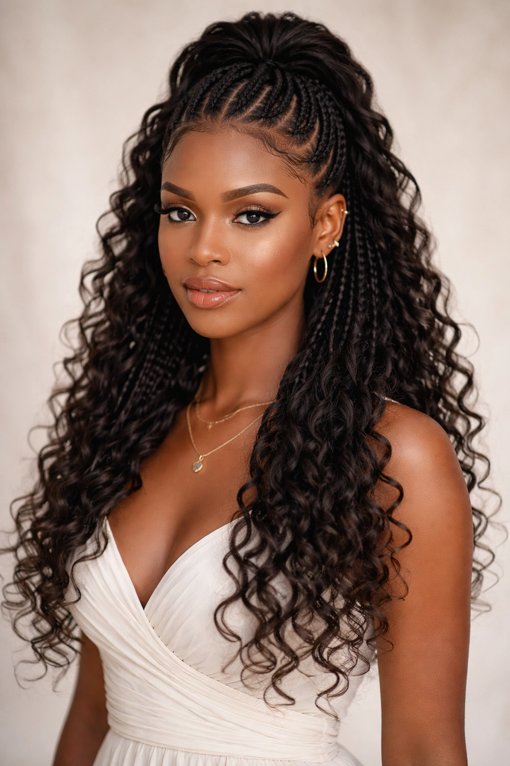 Half-up half-down braids with curly ends cascading.