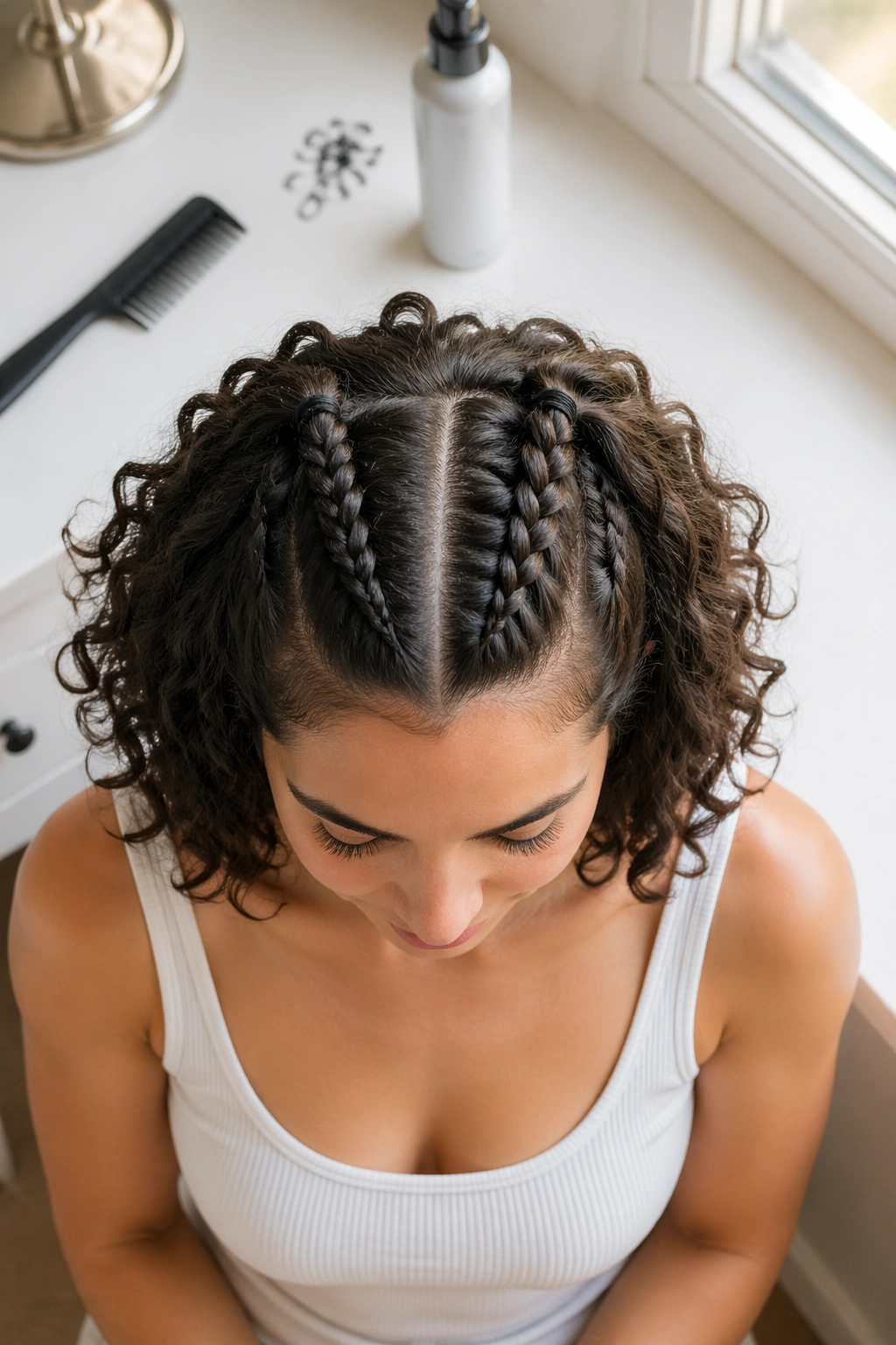 Overhead flat-lay of half-up braids on a curly bob