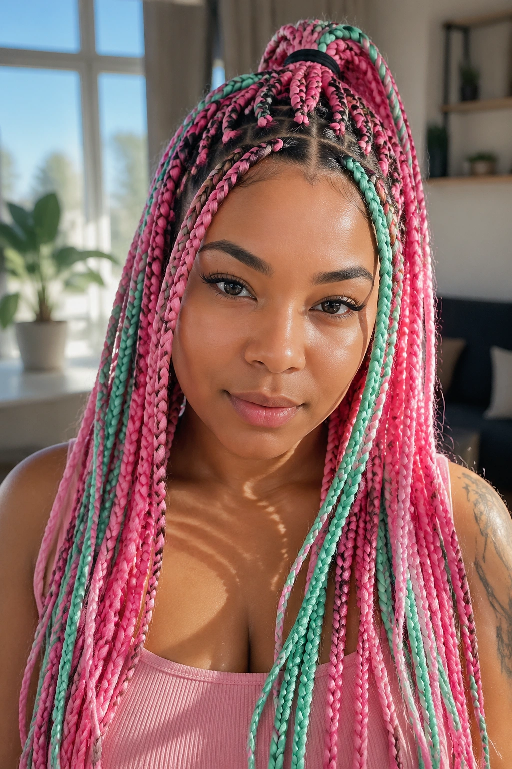 Close-up of a real person with half-up half-down braids in mint and neon pink