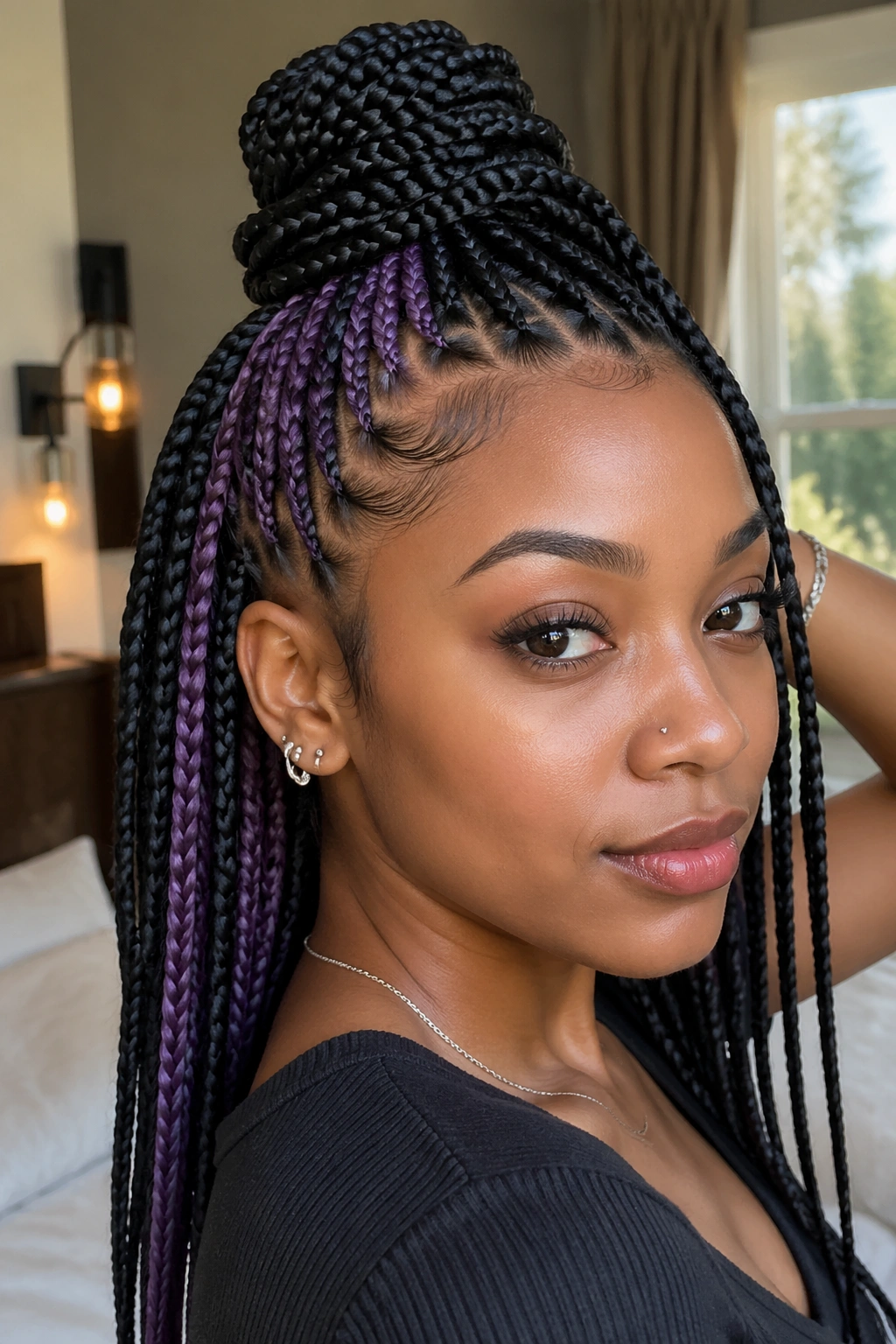 Real woman with half-up peekaboo braids showing hidden color at crown and sides