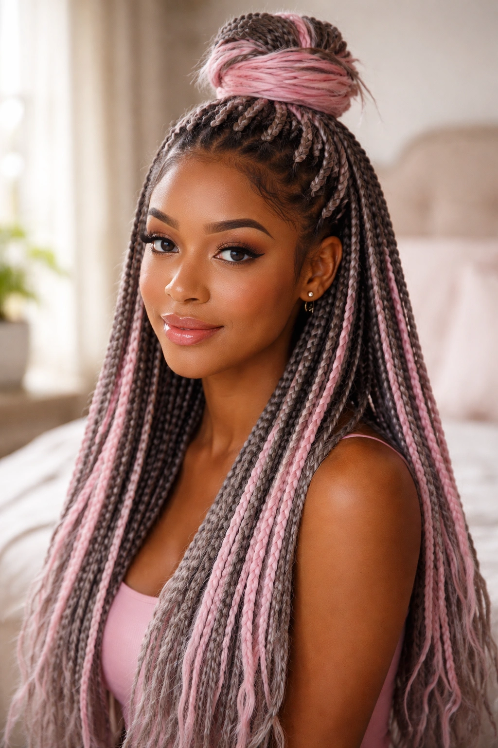 Real woman with half-up pink-top knot grey-pink box braids