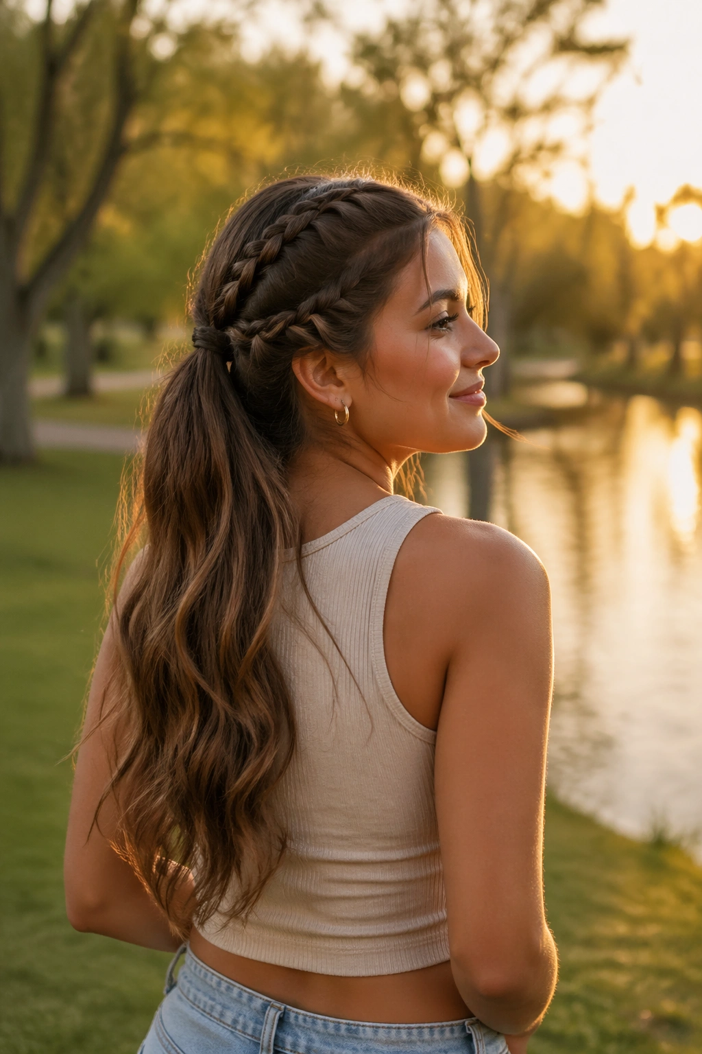 Hero shot of half-up double braided ponytail in golden hour outdoor setting.