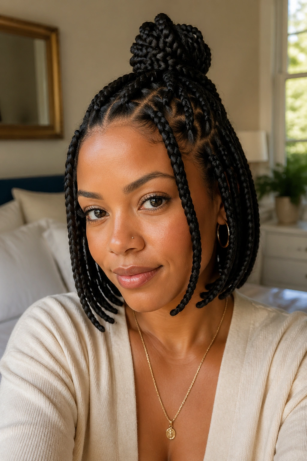 Close-up of a real woman with a half-up short box braids hairstyle in a warm bedroom
