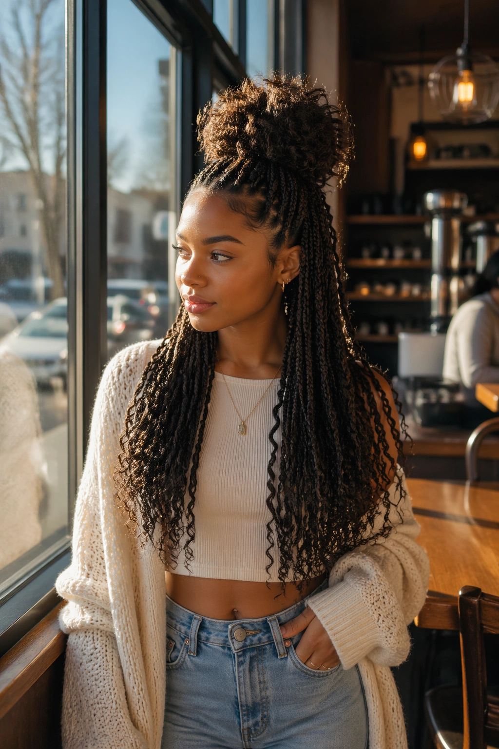 Half-Up micro braids with a high puff at a sunlit cafe window.