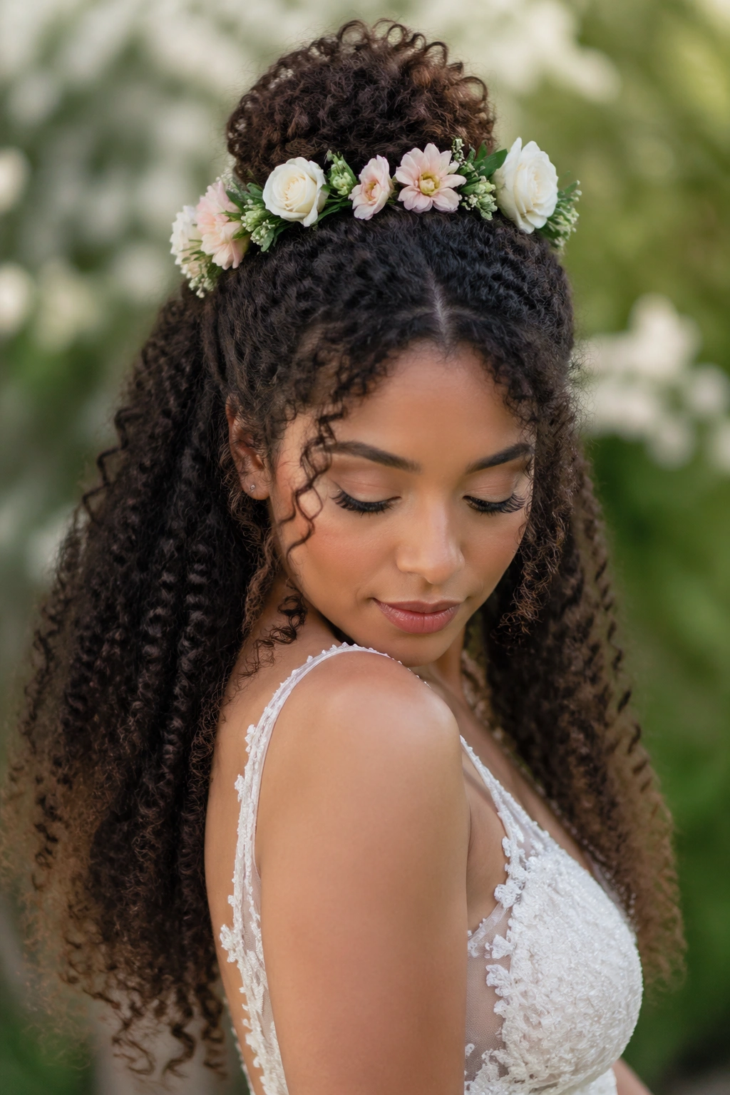 Close-up of a real bride with a half-up style and floral crown