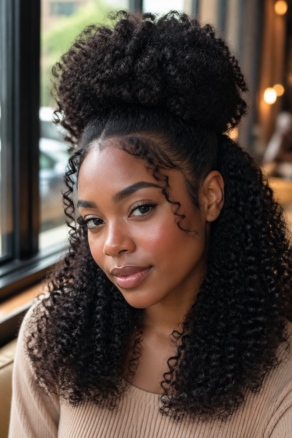 Close-up of a real woman with a curly half-up brushed-out crown and defined lower curls