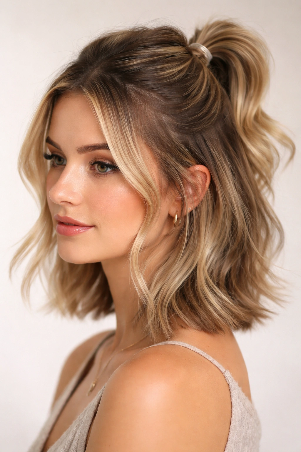 Half-up bubble ponytail on a short layered bob with top bubble and loose lower hair.