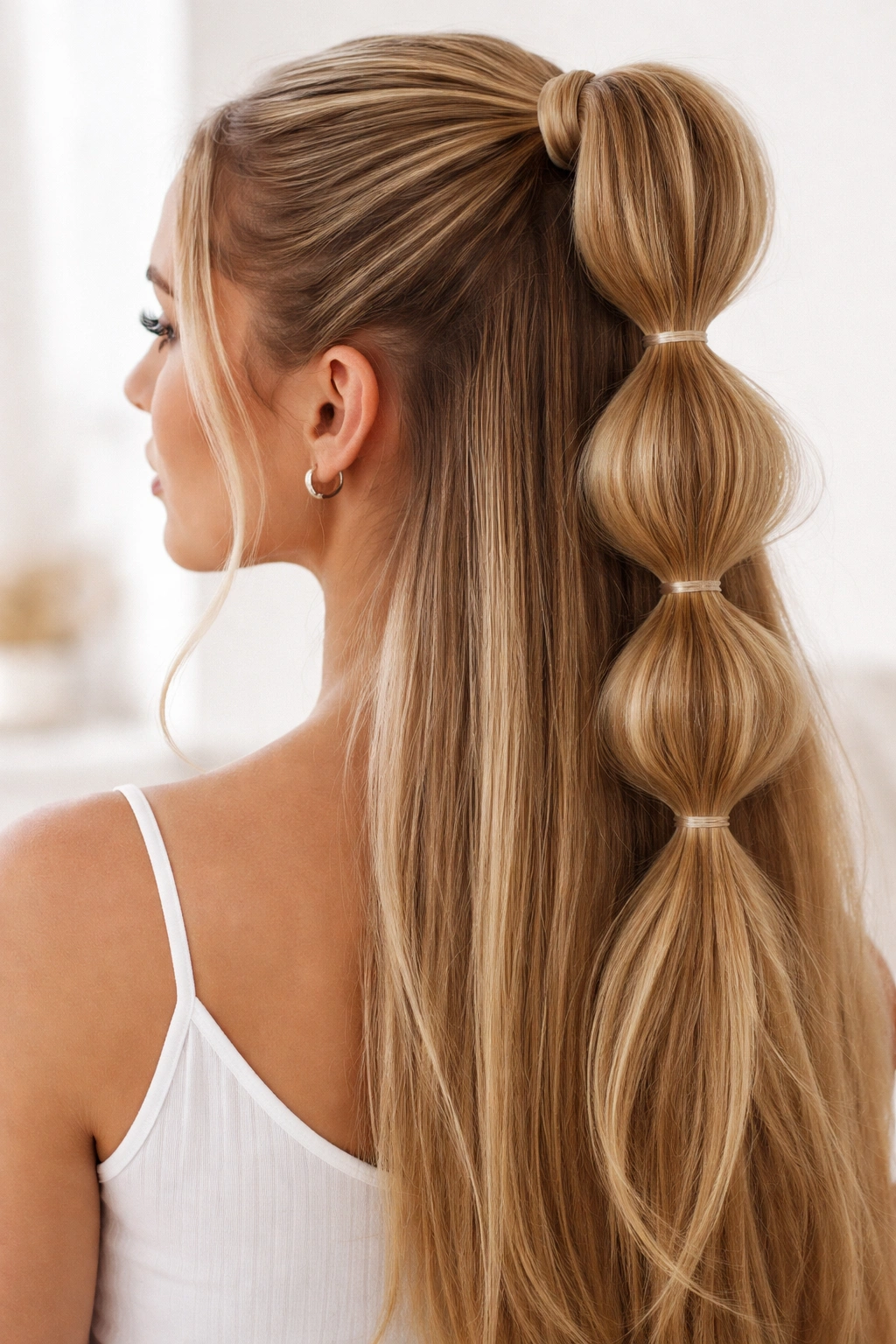 Close-up of half-up bubble ponytail with bubble segments
