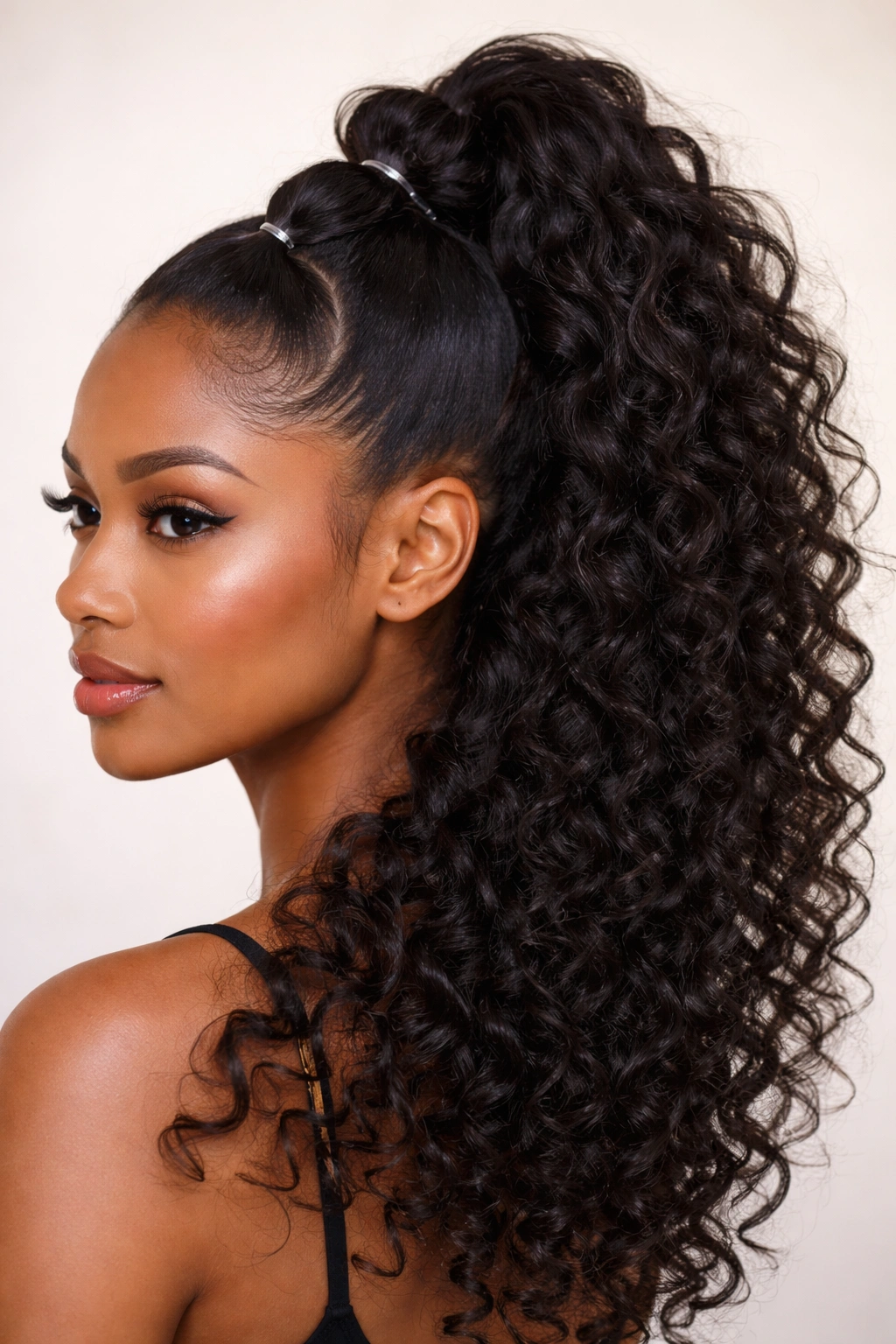 Three-quarter view of half-up bubble ponytail with top bubbles and loose bottom curls