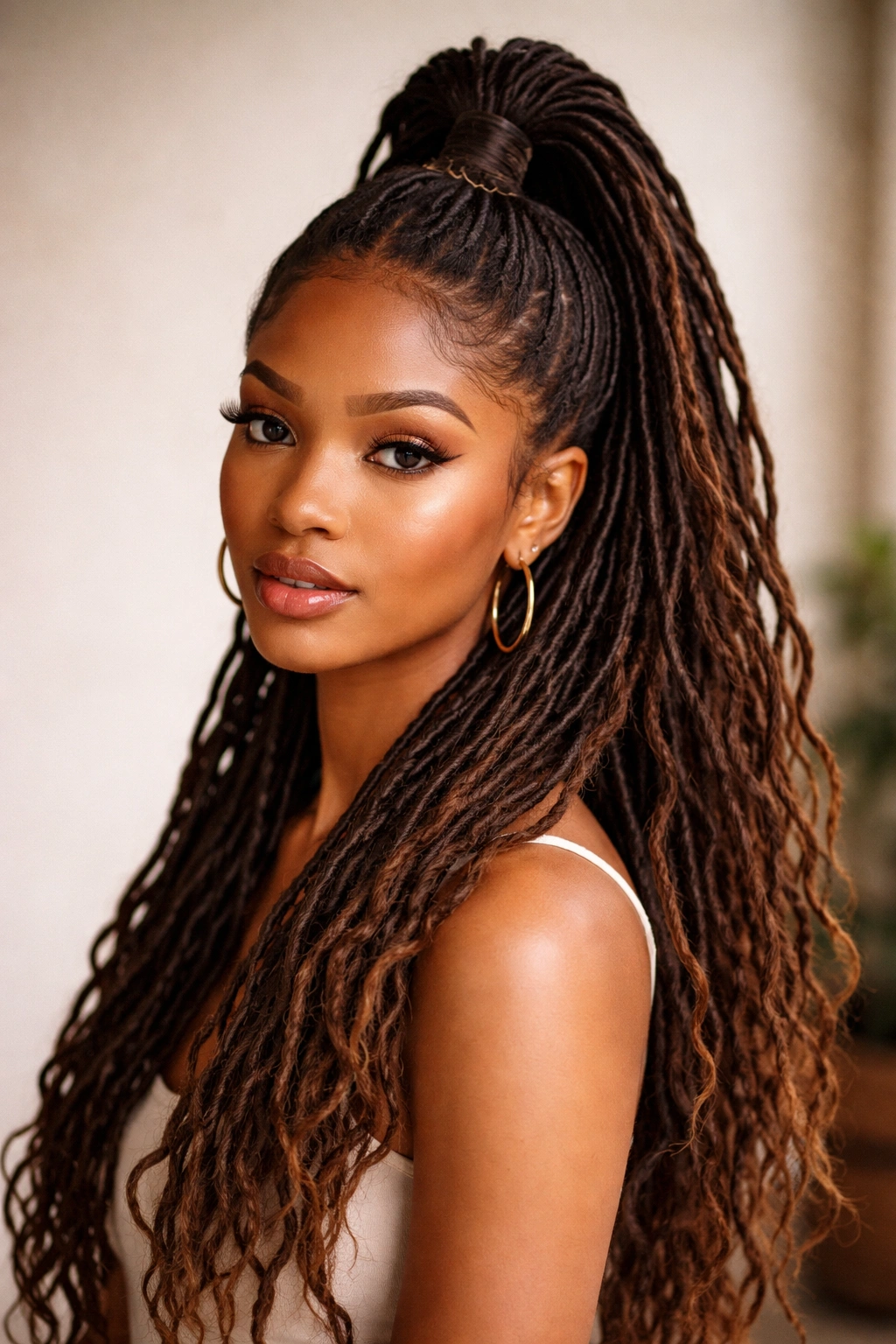 Half-up bubble ponytail on locs with top bubbles and long loose ends