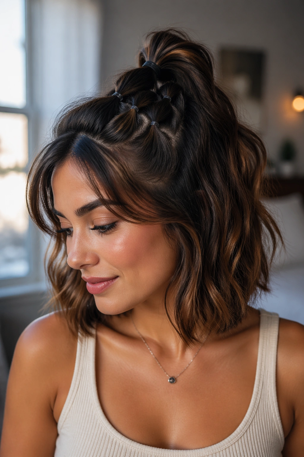 Close-up of a real woman with a half-up bubble ponytail showing the top section bubbled and the rest down