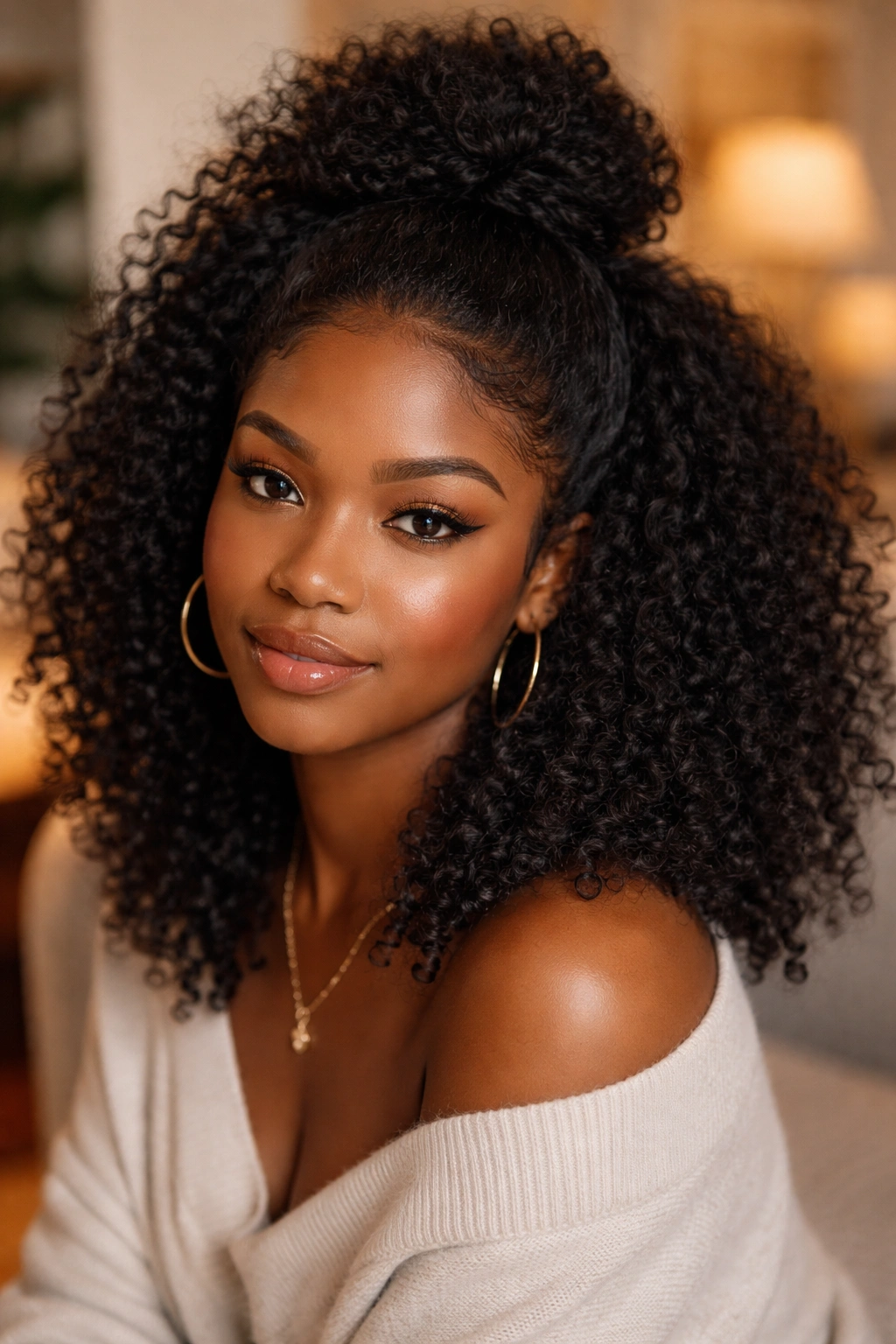 Close-up of a real woman with a half-up bun afro