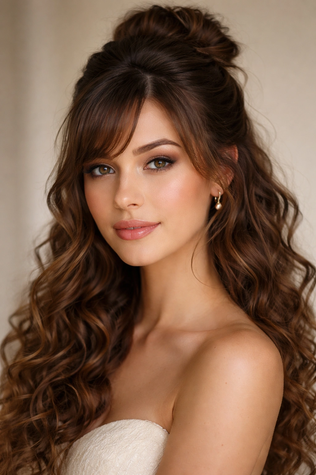 Close-up of a hairstyle featuring a half-up bun with side-swept bangs framing the face