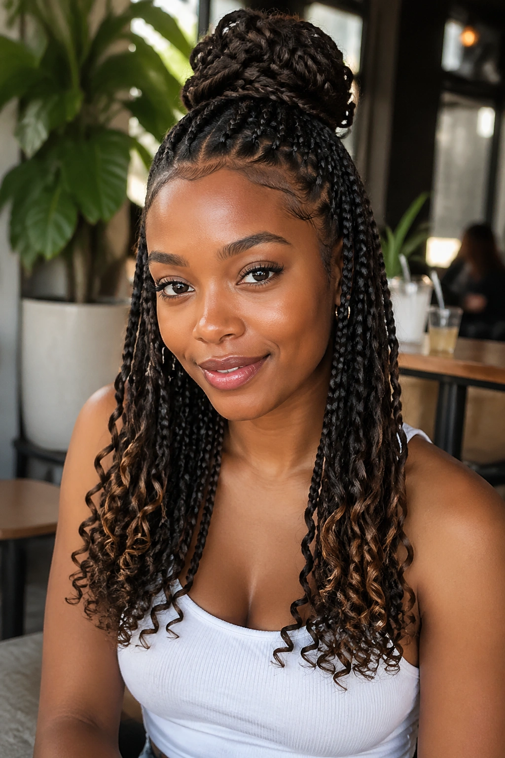 Close-up of a real woman with a half-up bun of braids and curly ends.