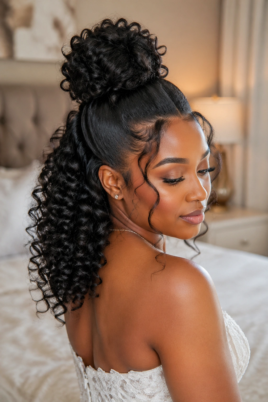 Close-up of real bride with crown bun and curling volume