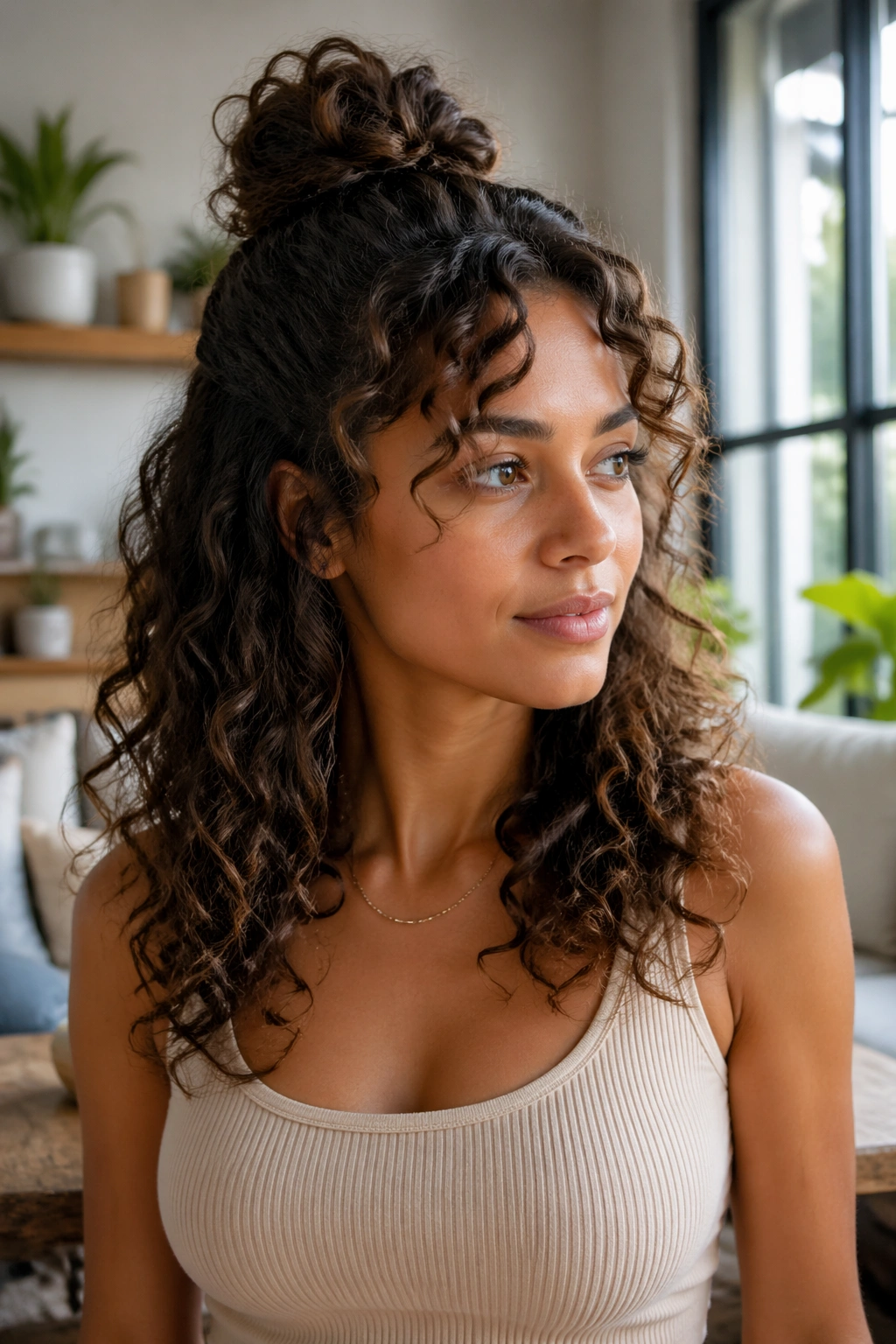 Real woman with half-up bun and curly curtain bangs in sunlit room.