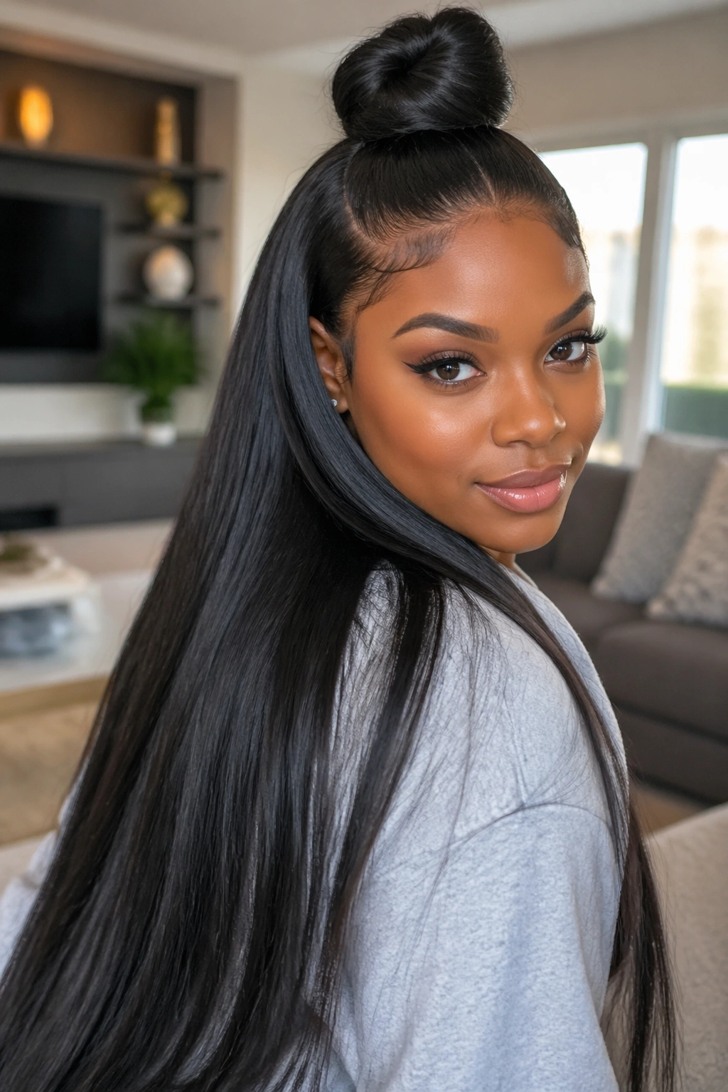 Close-up of a real woman with a half-up bun and long straight hair