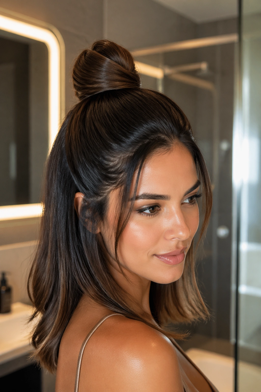 Close-up of a woman with a sleek wrapped half-up bun at the crown