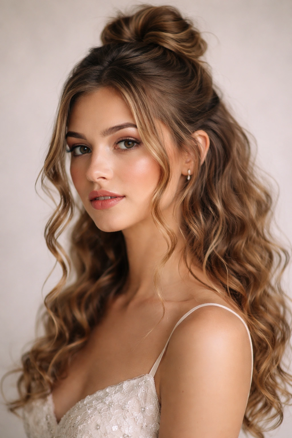 Half-up bun with face-framing tendrils softly framing the face
