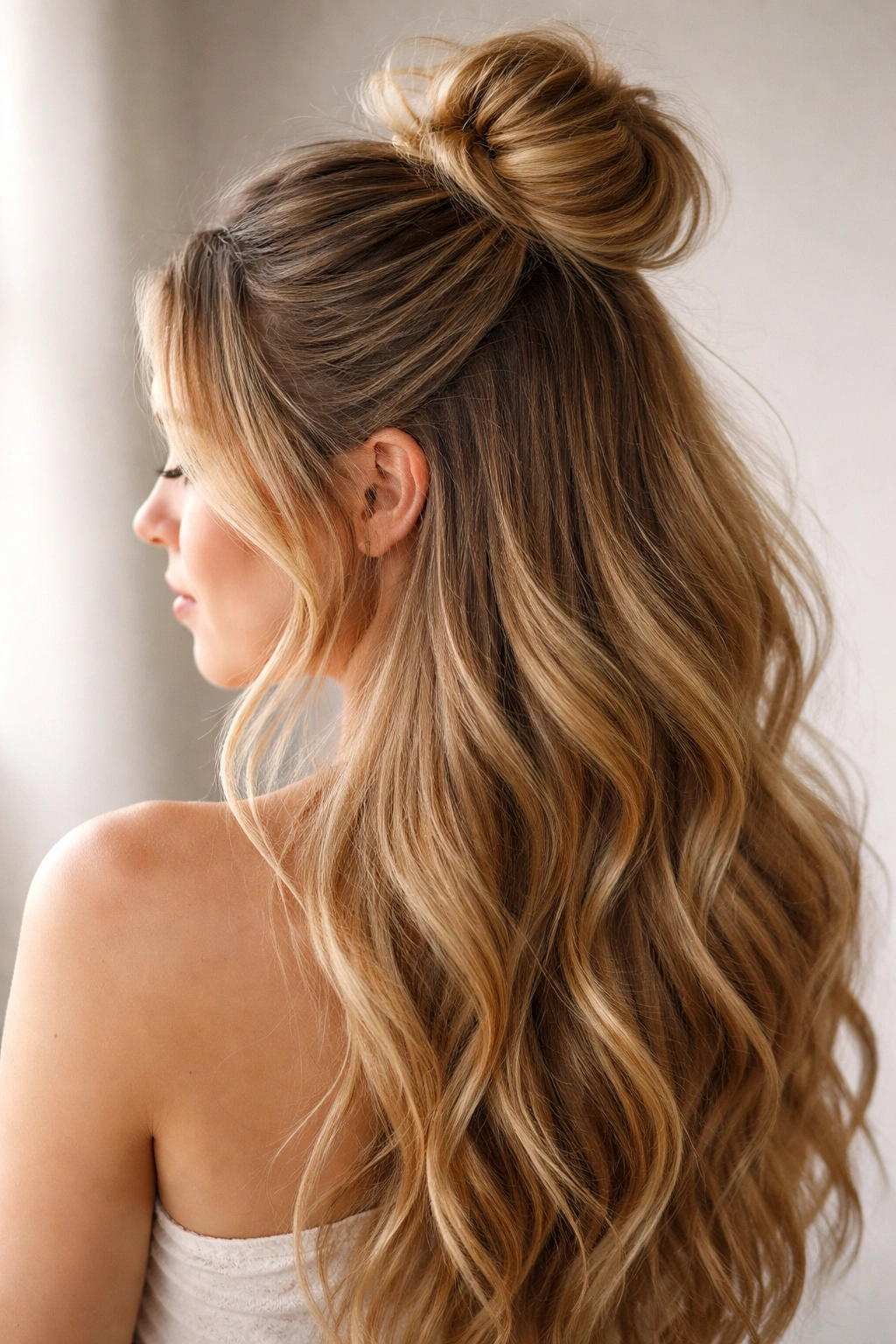 Half-up bun with top portion styled into a bun and flowing hair below