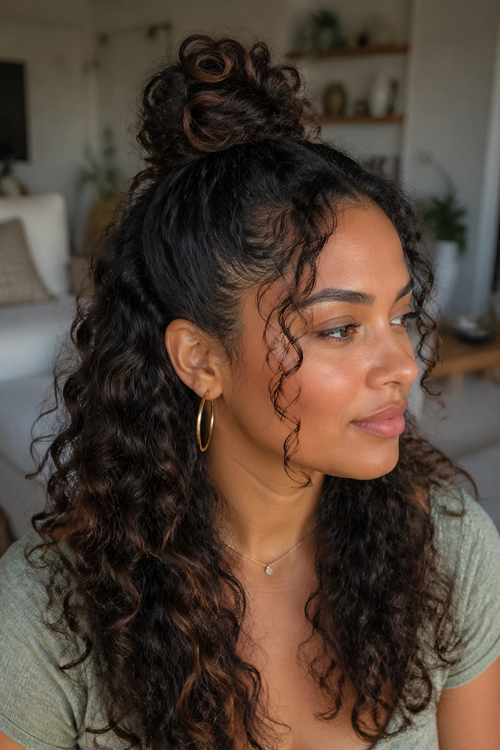 Close-up portrait of a real woman with a half-up bun and wispy pieces