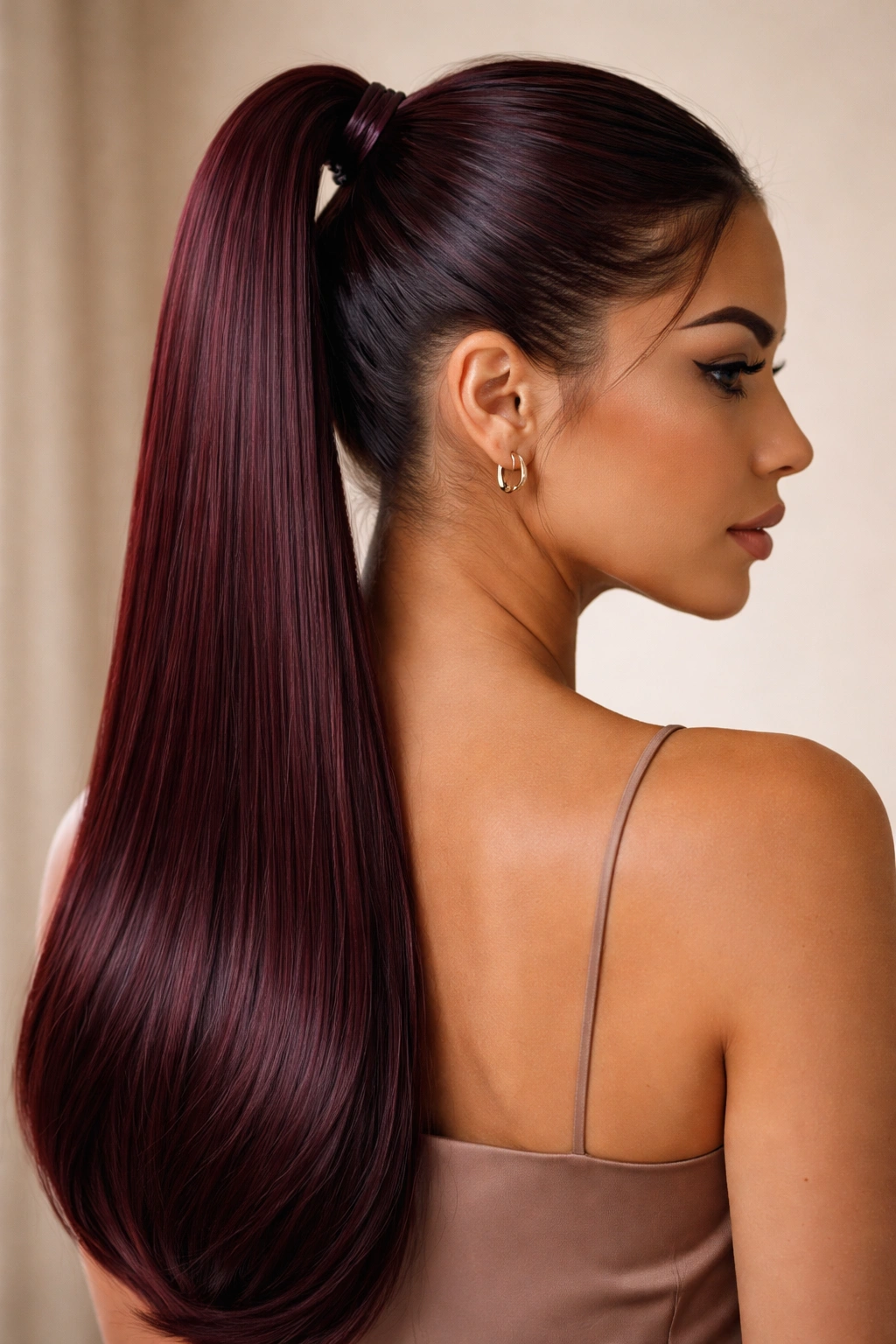 Portrait of half-up burgundy ponytail with sleek lower sheet