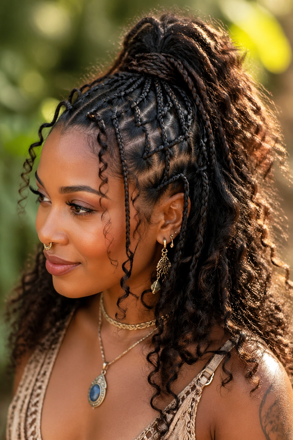 Close-up portrait of half-up butterfly cornrows with loose curls.